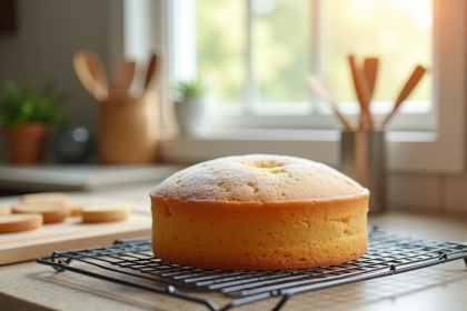 Gâteau éponge nature refroidissant dans une cuisine lumineuse