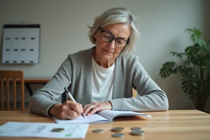Femme d'âge mûr gérant le budget de cantine pour un proche incarcéré, avec liste de courses et pièces de monnaie sur une table