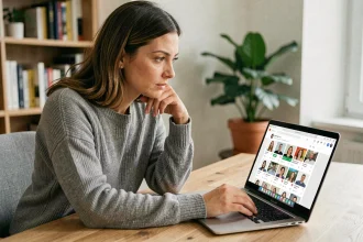 Femme réfléchissant à la gestion de plusieurs pseudos sur les réseaux sociaux devant son ordinateur portable