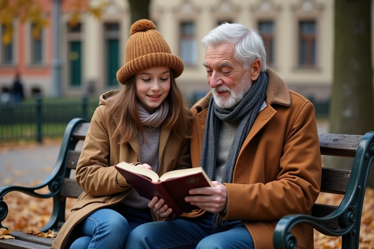 Grand-père et adolescente chantant dans un parc avec feuilles mortes