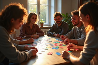 Groupe d'amis jouant à 1000 Bornes autour d'une table