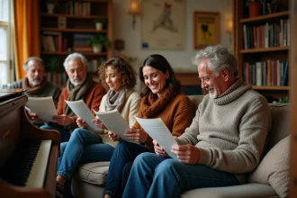 Groupe de jeunes et adultes chantant autour d'un piano dans un salon cozy