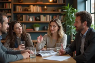 Groupe de personnes discutant dans un café cosy
