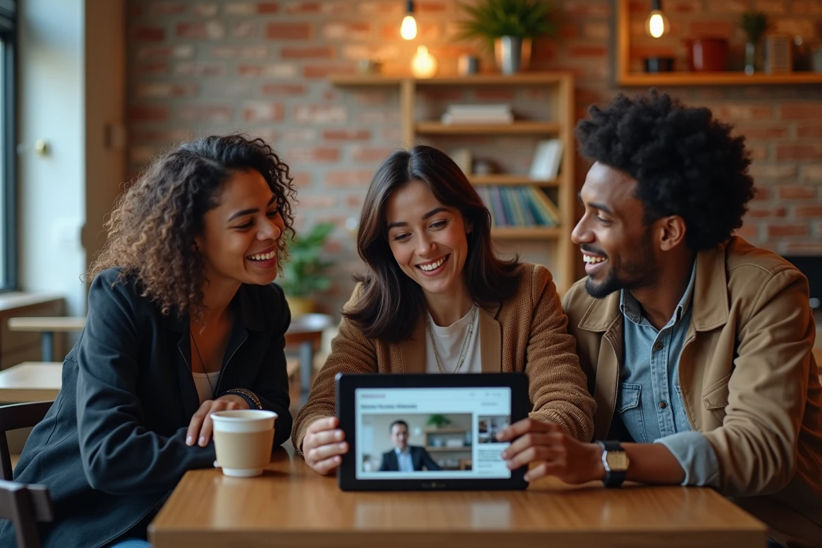 Groupe de personnes discutant de l'actualité autour d'une tablette dans un café, illustrant le débat sur la fiabilité des médias alternatifs comme DAC Presse sans tabou