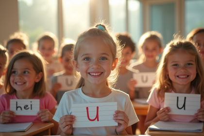Groupe d'enfants souriants dans une classe lumineuse avec cartes prénom U