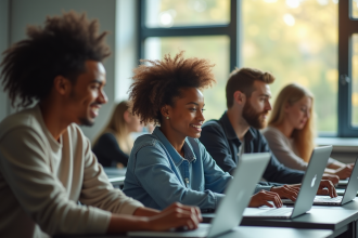 Groupe d'étudiants divers collaborant autour d'ordinateurs en classe