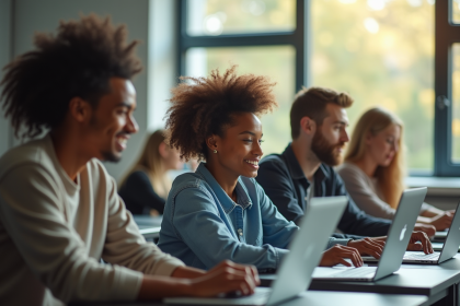 Groupe d'étudiants divers collaborant autour d'ordinateurs en classe