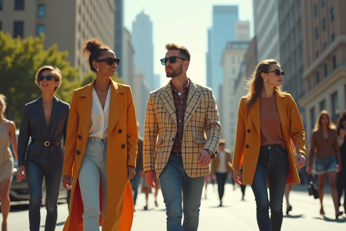 Groupe de personnes mode marchant dans la ville ensoleillee