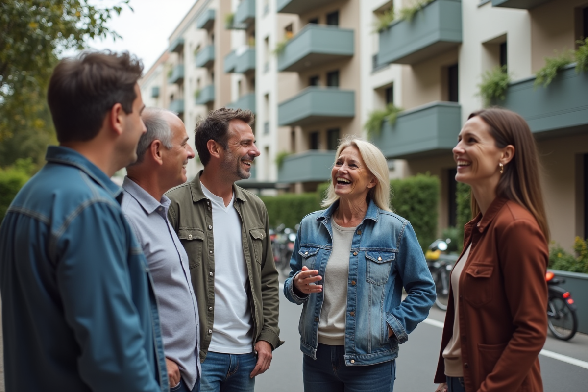Groupe de partenaires discutant devant un immeuble résidentiel