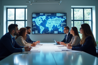 Groupe de professionnels en brainstorming dans un bureau moderne