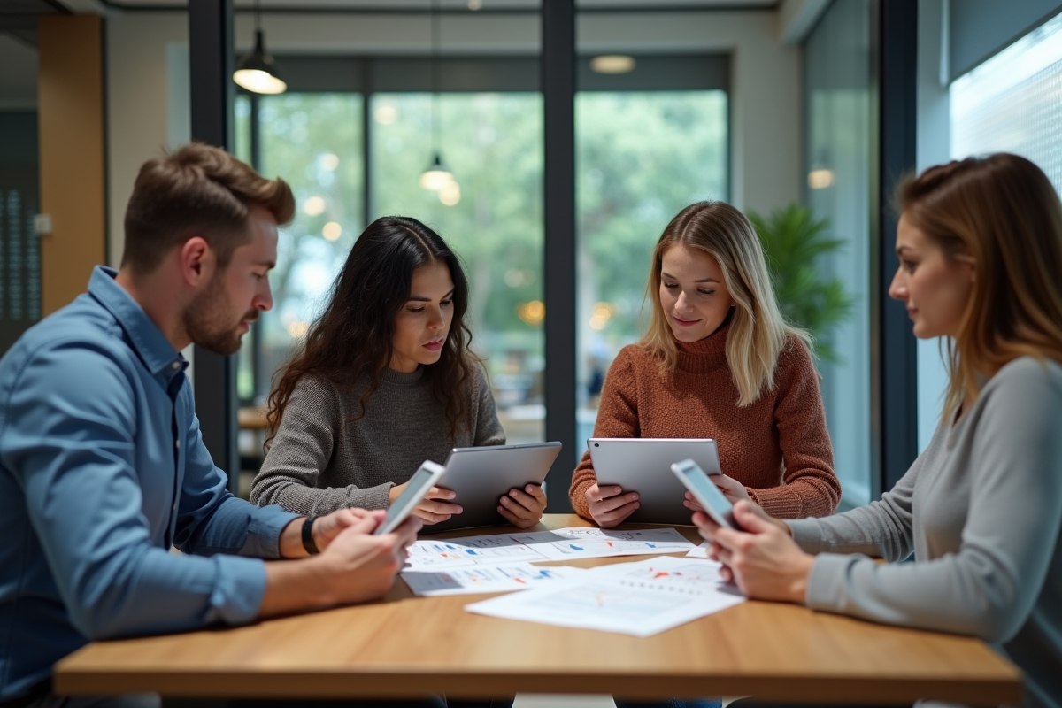 Groupe de quatre adultes collaborant autour de table avec tablettes et diagrammes blockchain