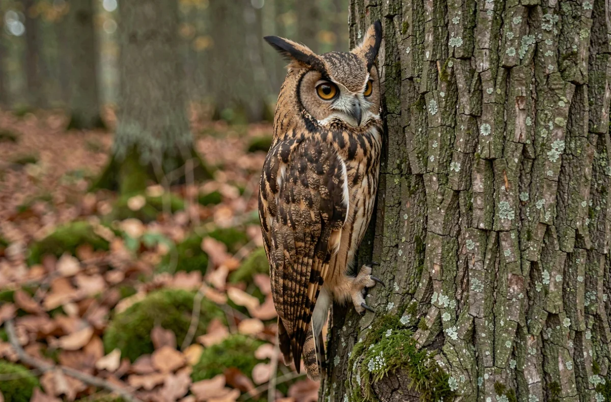Hibou moyen-duc aux aigrettes visibles accroché à l'écorce d'un vieux chêne en forêt dense européenne