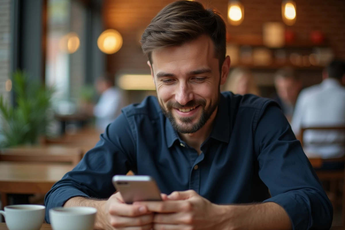 Homme adulte consultant une application de rencontre sur son smartphone dans un café urbain