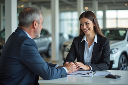 Homme d'affaires souriant discutant avec une vendeuse en showroom