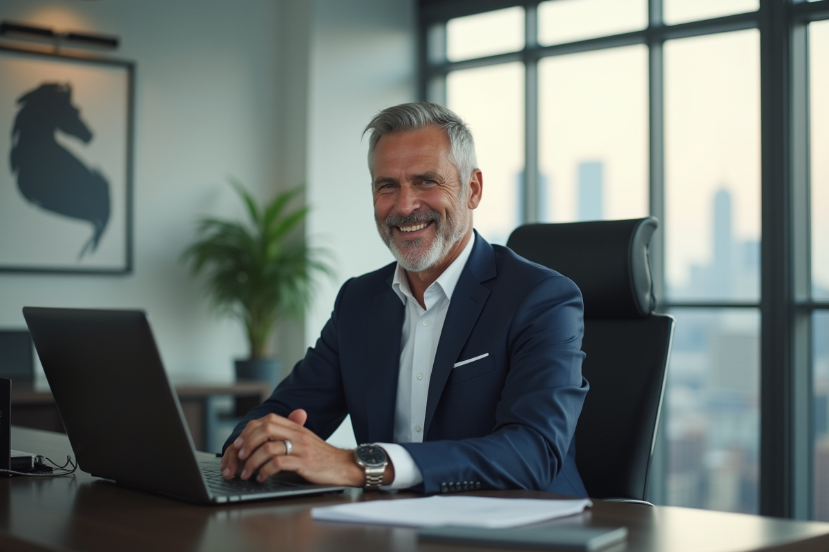 Homme d'affaires confiant dans un bureau moderne avec vue sur la ville