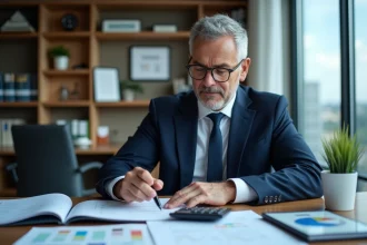 Homme d'affaires en costume examine des rapports financiers