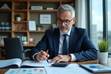 Homme d'affaires en costume examine des rapports financiers