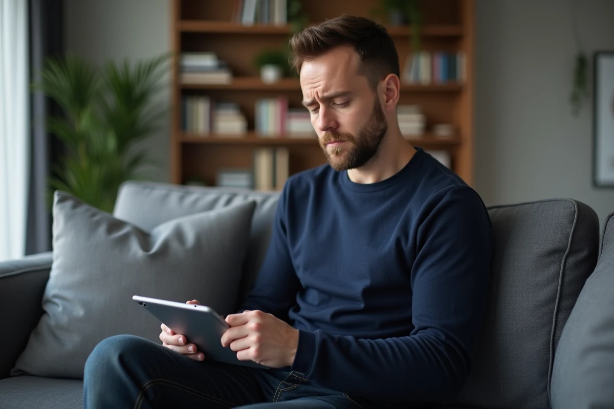 Homme analysant un code promo Club des Magnats sur une tablette dans un salon moderne