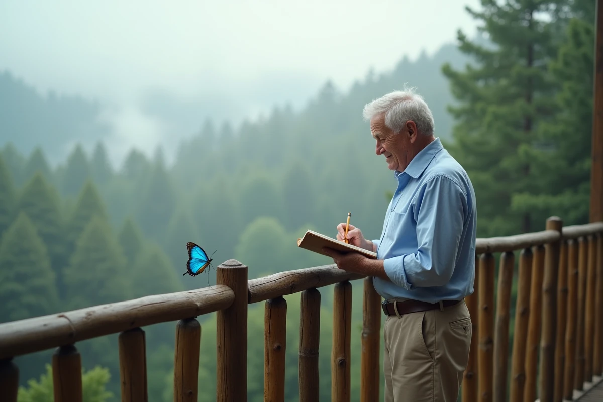 Homme âgé observant un papillon sur un balcon en forêt