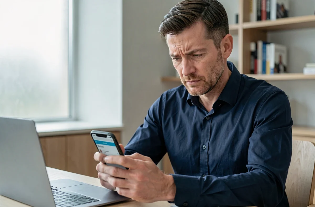 Homme en bureau à domicile analysant une application de facturation mobile pour identifier un numéro suspect
