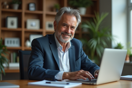 Homme confiant en bureau moderne avec plantes et livres