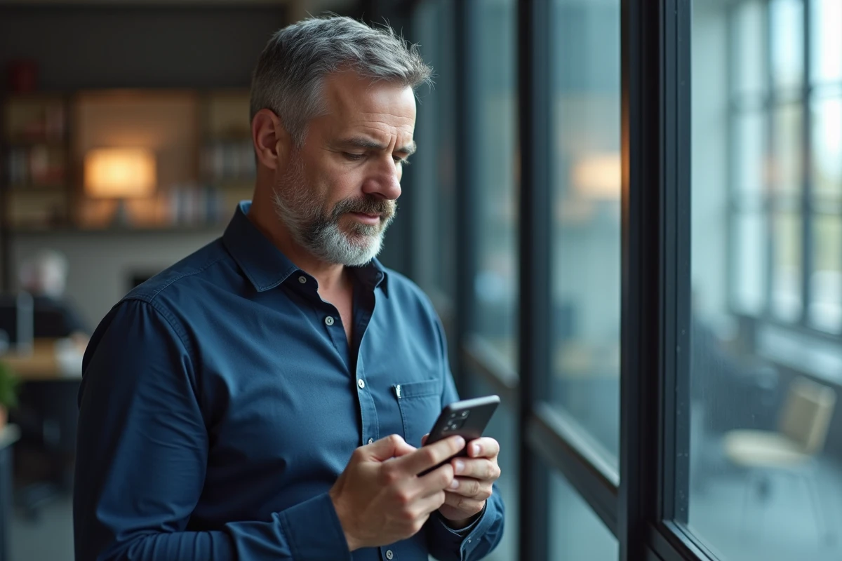 Homme d'affaires analysant les changements de prix YouTube Premium sur smartphone dans un bureau en France