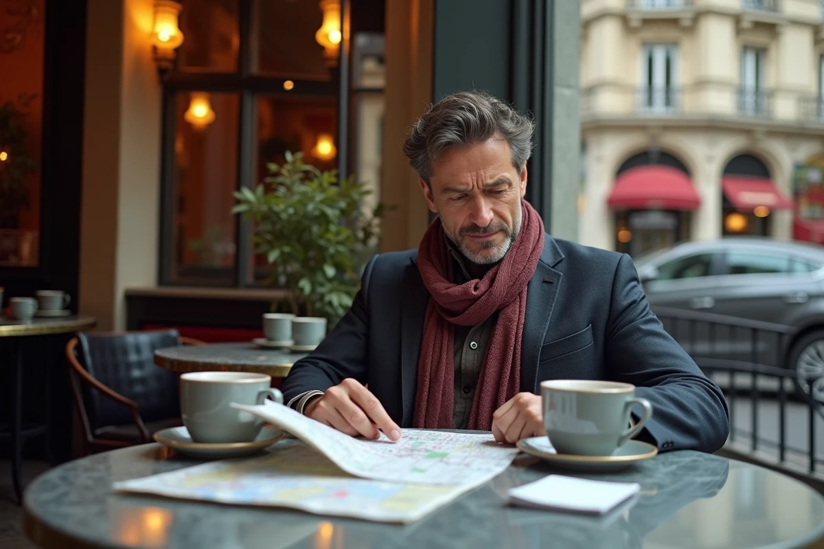 Homme regardant une carte devant le théâtre Mogador à Paris