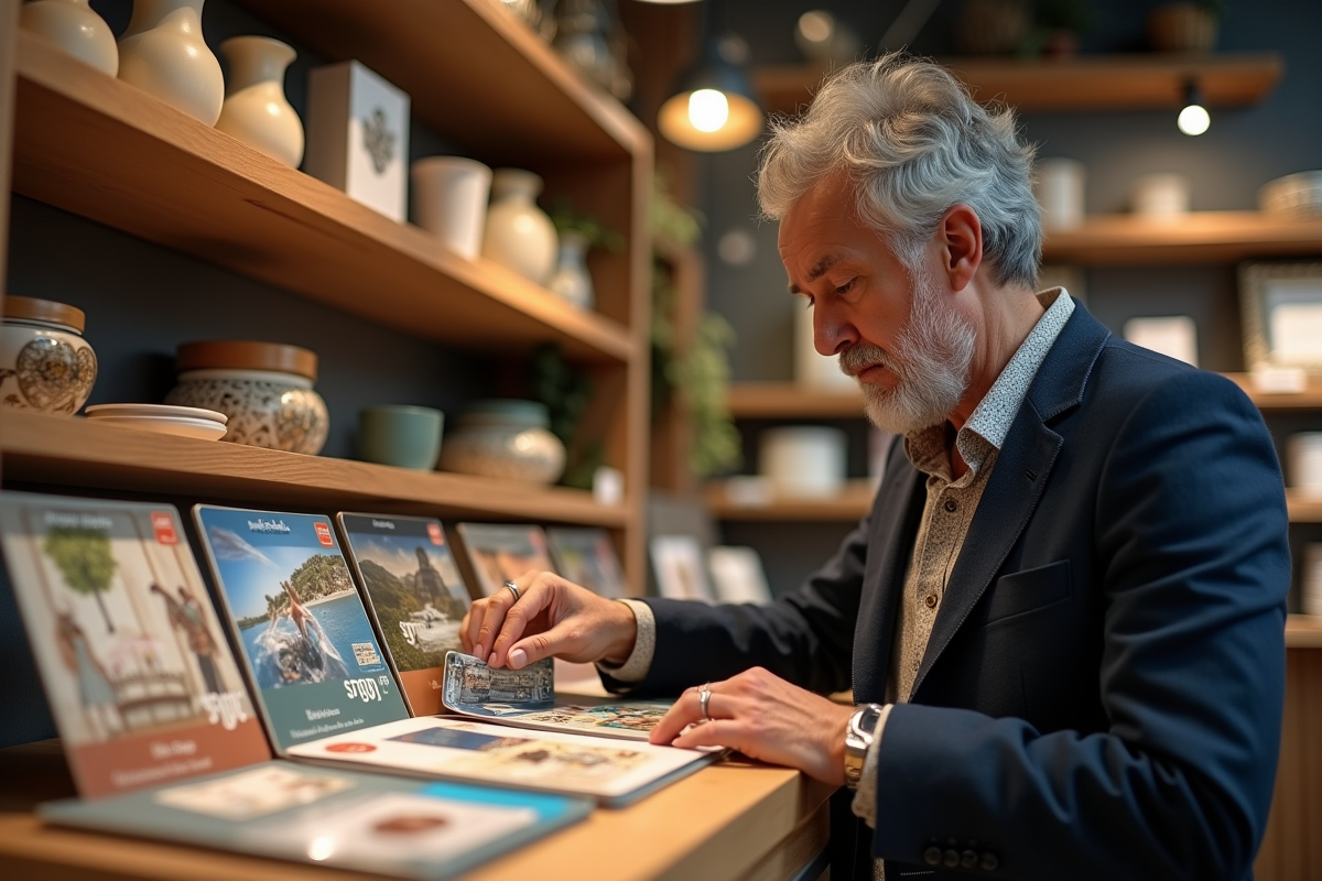Homme regardant cartes cadeaux dans boutique cosy
