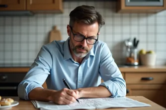 Homme d'âge moyen résolvant un mots croisés dans une cuisine belge