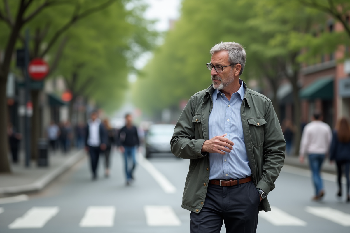 Homme regardant sa montre dans une rue urbaine animée