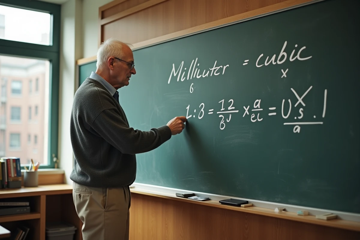 Homme expliquant une conversion de millilitres en cm3 en classe
