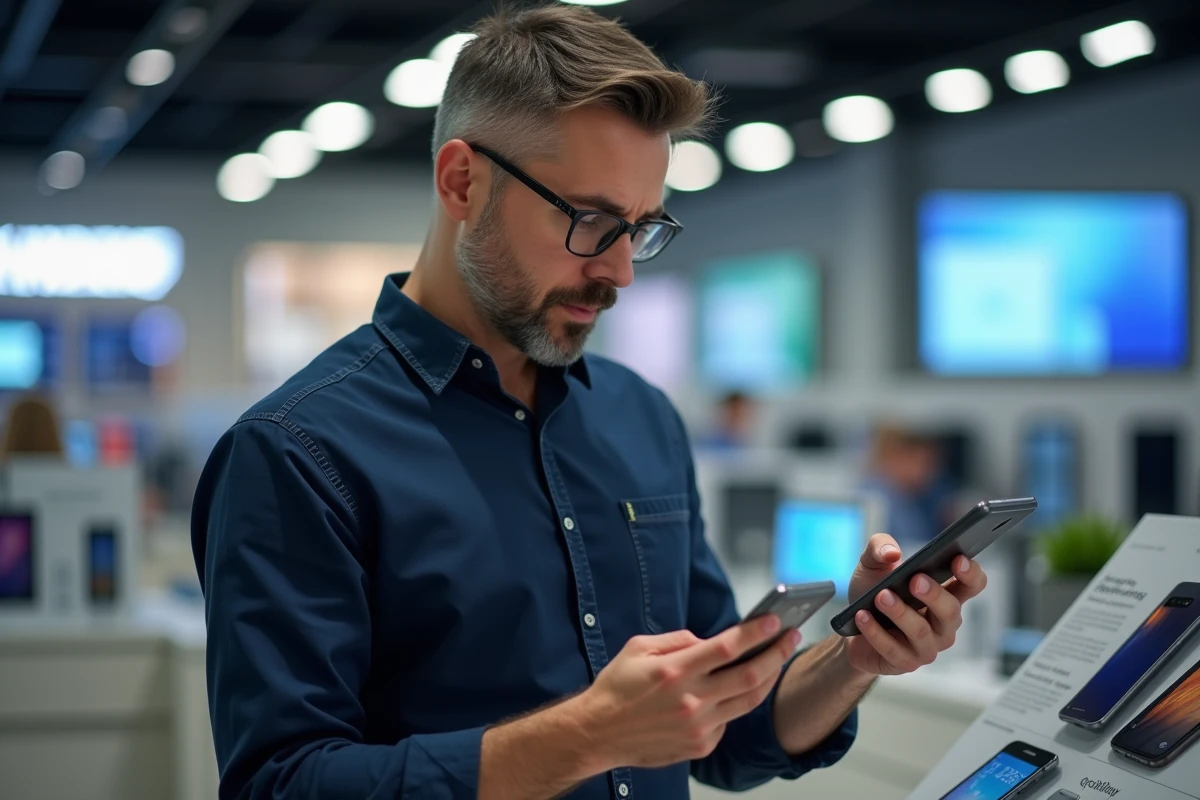 Homme lisant la fiche technique d'un Samsung Galaxy dans un magasin d'électronique pour évaluer le meilleur rapport qualité-prix