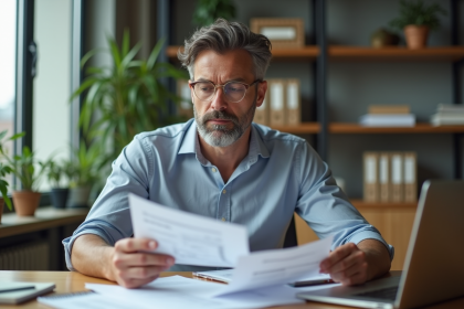 Homme d'âge moyen analysant des rapports financiers dans un bureau moderne