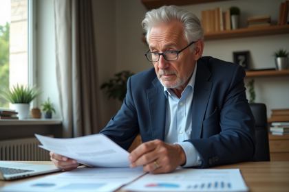 Homme d'âge mûr en bureau moderne avec documents financiers