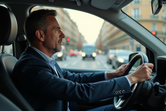 Homme français en voiture en pleine route urbaine