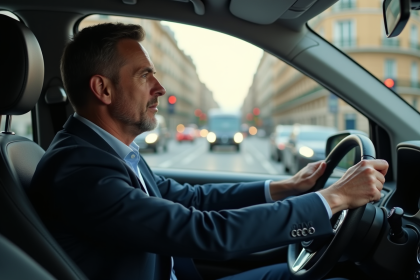 Homme français en voiture en pleine route urbaine