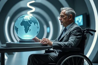 Homme d'âge moyen en fauteuil hightech contemplant un globe holographique