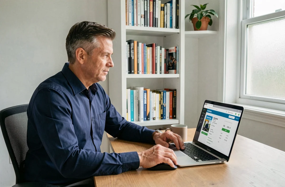 Homme gérant son abonnement magazine en ligne sur un ordinateur portable dans un bureau à domicile organisé