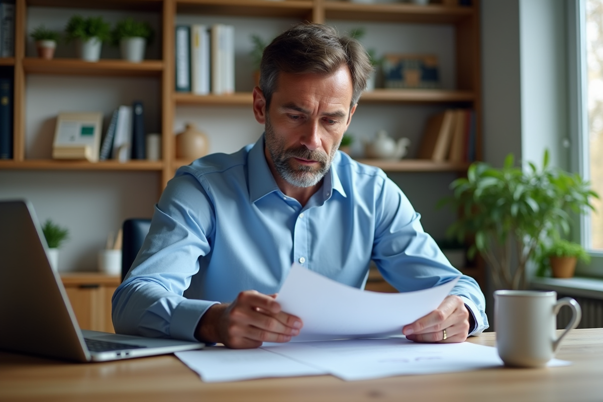 Homme d age en costume bleu examine documents fiscaux