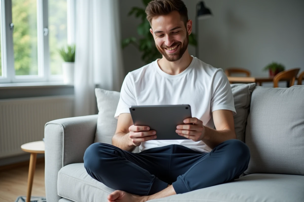 Homme lisant un blog de développement personnel sur tablette dans un salon minimaliste scandinave