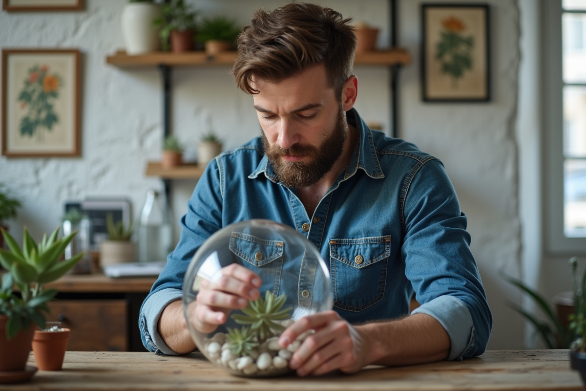 Homme en denim plaçant des pierres dans un terrarium au travail