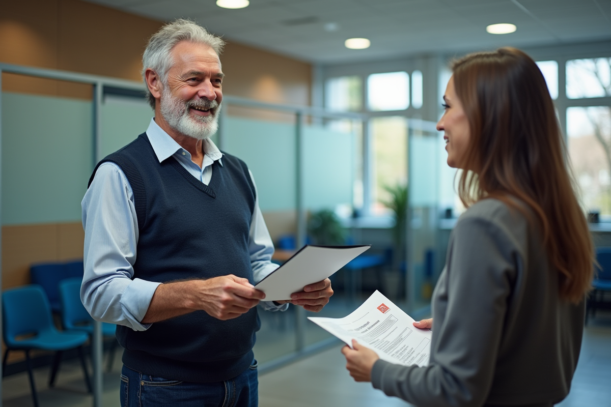 Homme présentant ses papiers à un agent dans un bureau public