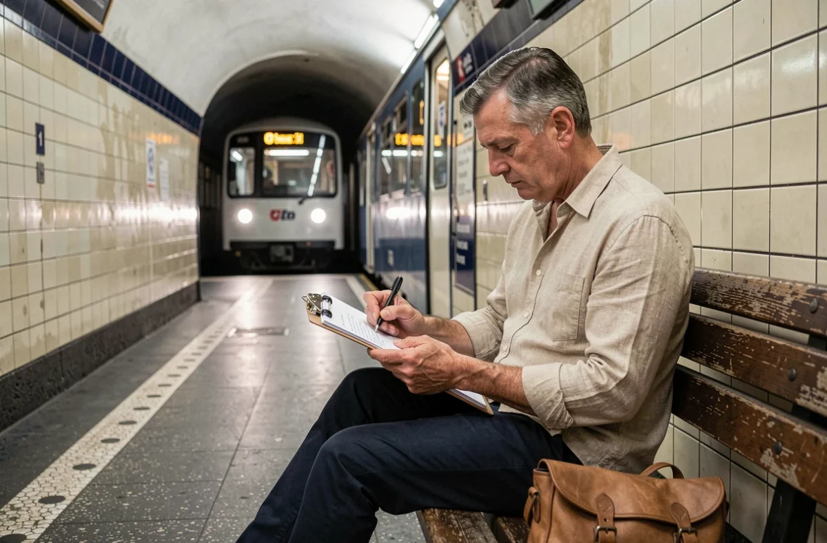 Homme se préparant à un casting de figurants dans le métro parisien, révisant ses notes sur un clipboard