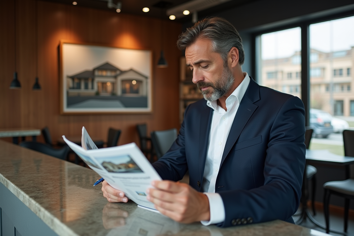 Homme d age moyen examine brochures immobiliere dans agence