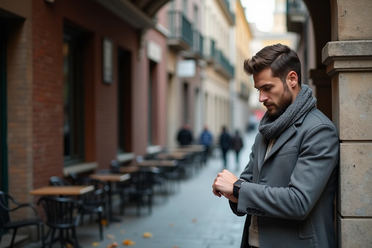 Homme regardant sa montre dans une rue automnale