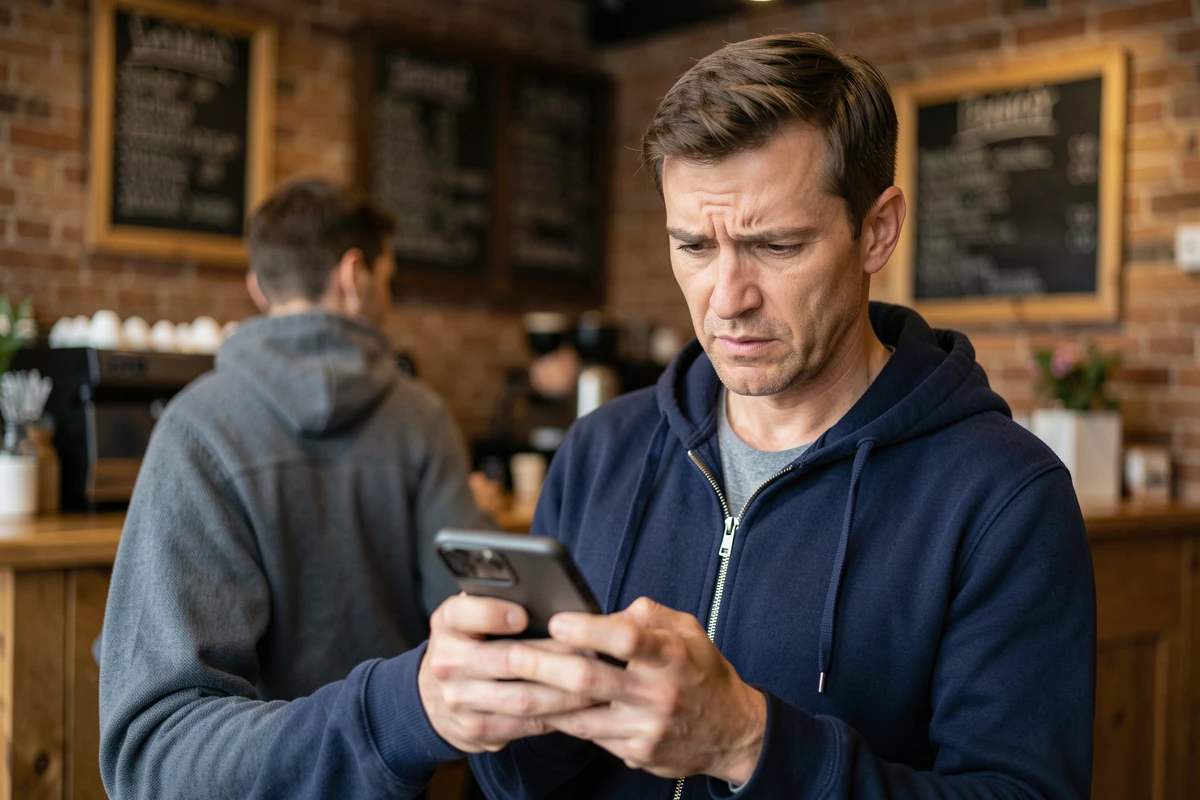 Homme consultant les redirections d'un site internet sur son smartphone dans un café urbain