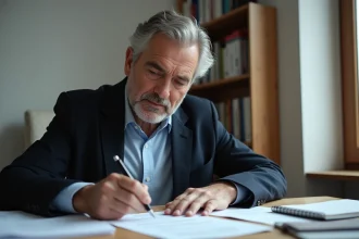 Homme d'âge moyen travaillant à son bureau à domicile