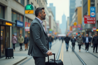 Homme d'âge moyen dans une ville urbaine avec panneau de signalisation