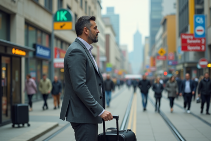 Homme d'âge moyen dans une ville urbaine avec panneau de signalisation
