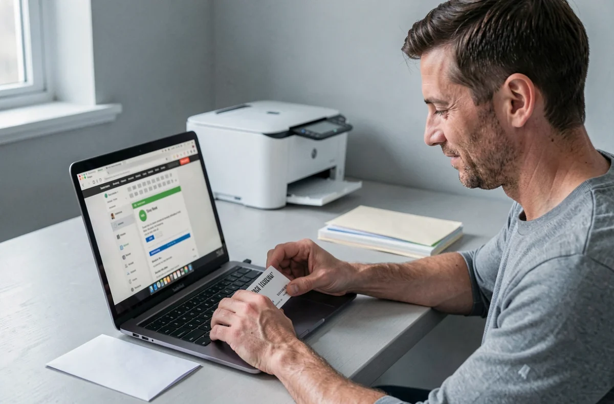 Homme utilisant un ordinateur portable pour imprimer une étiquette d'adresse sur une enveloppe dans un bureau minimaliste moderne
